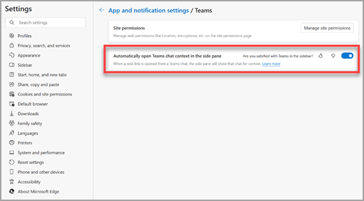 Turning off Teams chat context in the Microsoft Edge sidebar settings page.