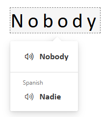 The word Nobody with a Spanish translation card showing Nadie and pronunciation controls.