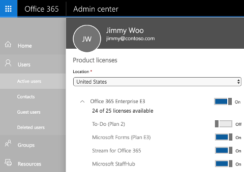 Screenshot shows the Product licenses page of the Office 365 Admin center with the toggle control switched to Off for To-Do (Plan 2).