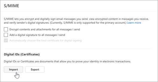 Screenshot showing S/MIME page in Setting and Import in the Digital IDs sections