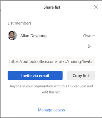 You can choose to Invite via email or Copy link to share the list with others.