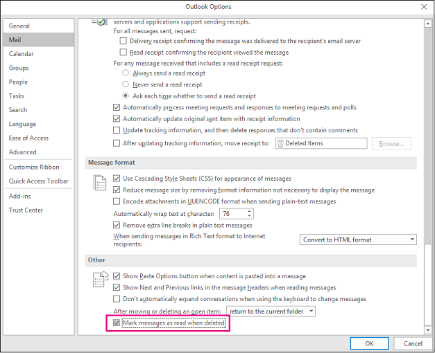 Mail options with Mark as read when deleted highlighted