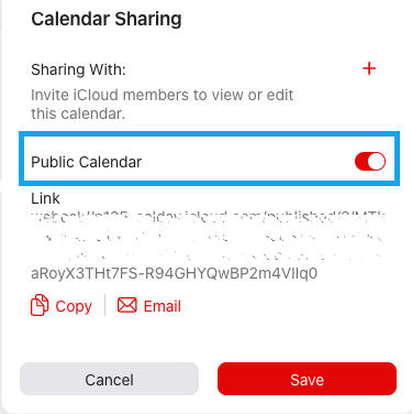 shows the window of public calendar toggle button on icloud calendar website.