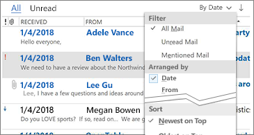 List of filters available to sort messages