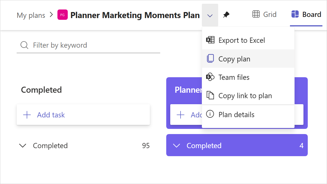 A cropped screenshot of the drop-down menu next to a plan name showing the option to copy a plan in Planner.
