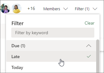 Screen shot in Planner of choosing Late on the Filter menu