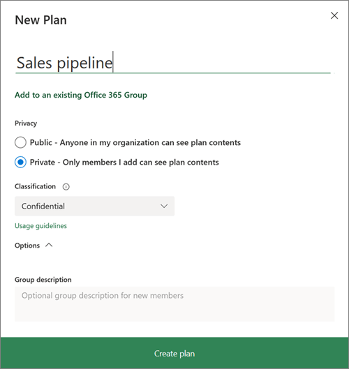 Screenshot of the New plan dialog box