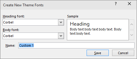 Create New Theme Fonts dialog with heading and body font choices