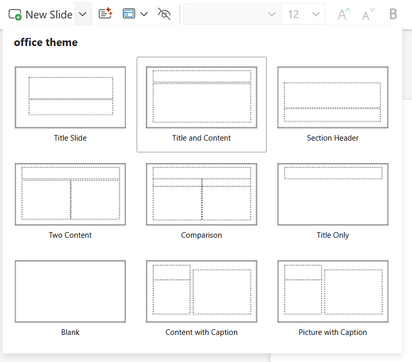 New Slide dropdown on the Home tab in PowerPoint for the web