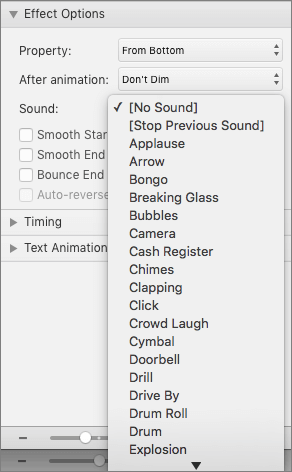 Screenshot shows the Effect Options section of the Animations pane with the Sound menu expanded.