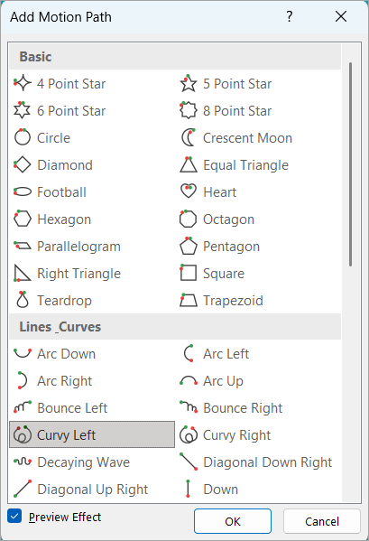The menu that appears when you select More Motion Paths....