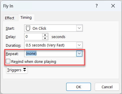 The additional options for the Fly In effect.