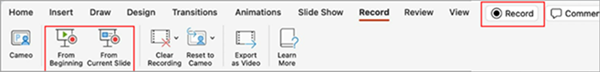 Record controls on the Record tab and top-right Record button