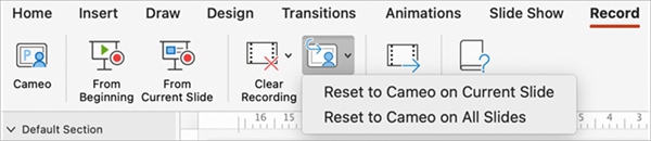 Reset to Cameo menu for the current slide or all slides
