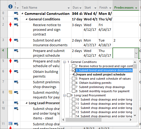 Predecessors column task selection menu
