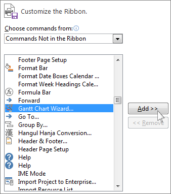 Add the Gantt Chart Wizard to your new Project ribbon group.