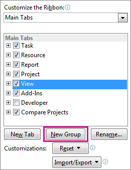 Create a new group in the Project ribbon.