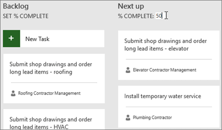 Screenshot of the Task Board, with the cursor entering the number 50 for % Complete