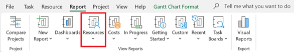 Resources button on the Report tab