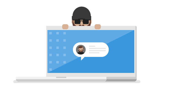 Illustration of an identity thief behind a laptop with a user profile
