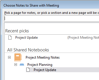 Choose Notes to Share with Meeting dialog