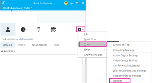 In Skype for Business, choose the Tool icon, then Tools > Options