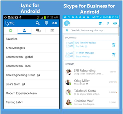Side-by-side screenshots of Lync and Skype for Business
