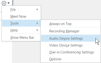 A screenshot showing the Options button menu with Audio Device Settings selected.