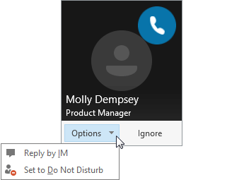 Screenshot of a call notification with the Options menu open.