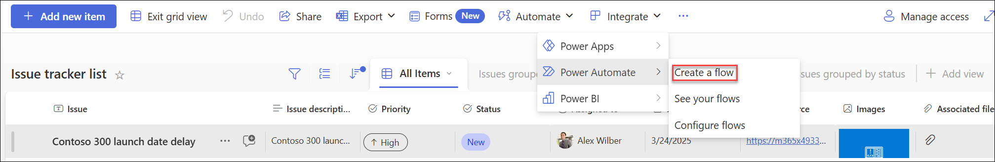 Image of the Automate menu with Power Automate selected