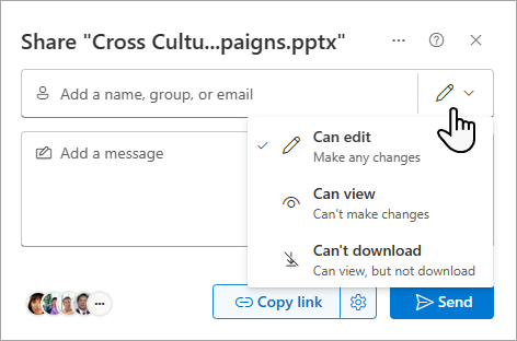 The Share dialog box showing options for a shared file.