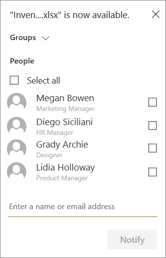Menu to select which groups and/or members to notify of new upload in SharePoint.