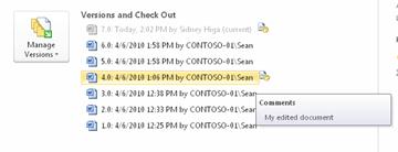 Backstage View of the version history of a Microsoft Word file. Version 4 is selected.