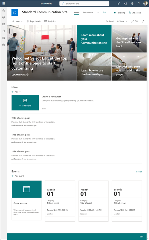 SharePoint communication site standard communication site design
