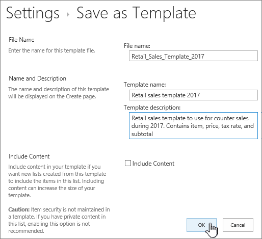 Save as template page