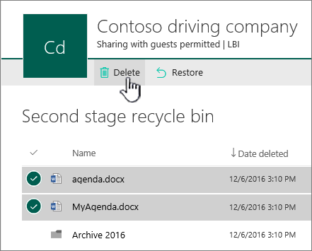 SharePoint Online 2nd level recycle with delete button highlighted
