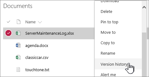 Document library right click menu with version history highlighted