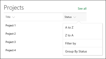 Screenshot of the Status column menu in a SharePoint list web part showing sort, filter, and group options.
