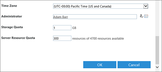 New site collection dialog with timezone and quotas section.