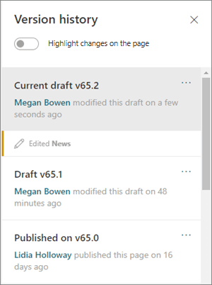 Version history pane