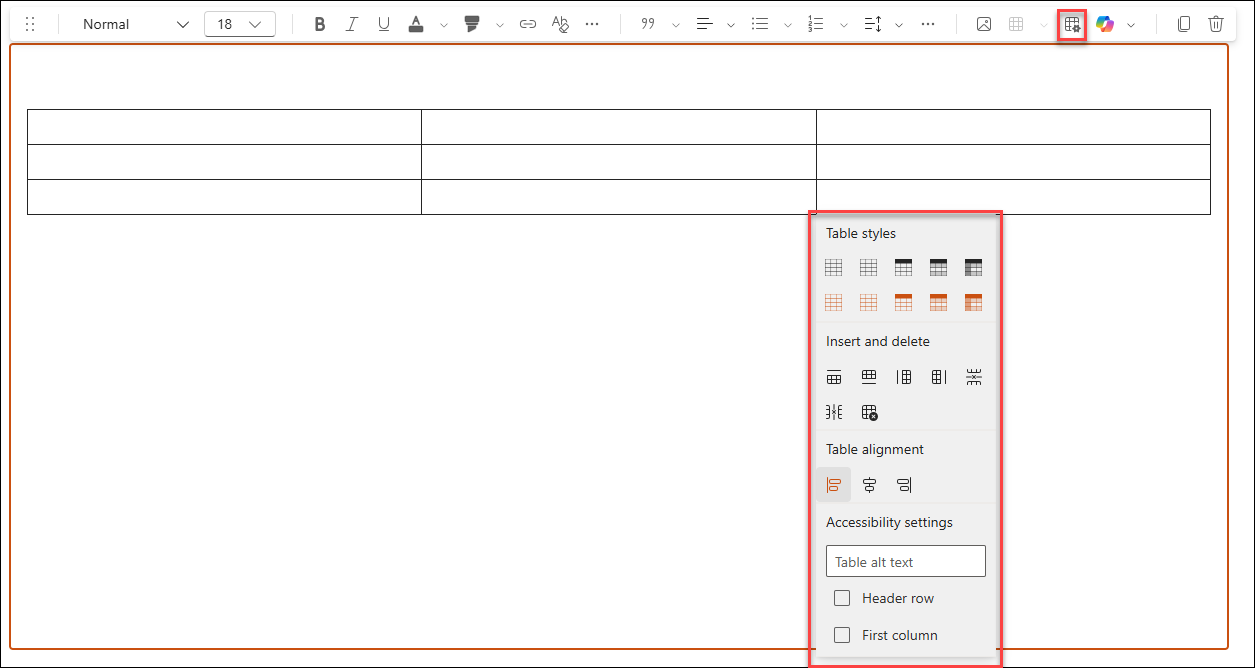 Table formatting pane with style and accessibility options