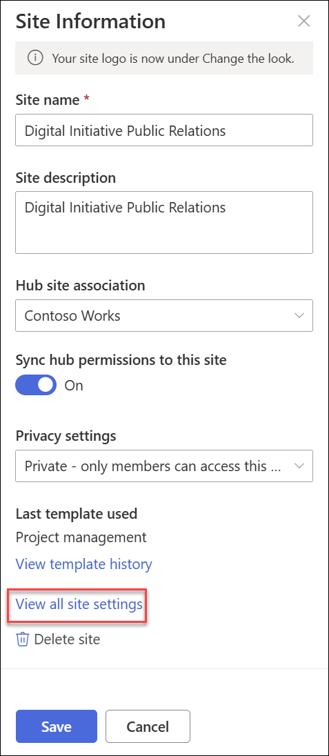 Site Information dialog box.