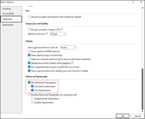 Outlook typography settings