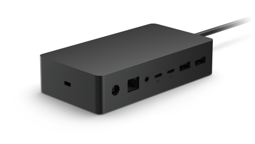 Shows Surface Dock 2 with security lock, power, ethernet, audio, and USB ports