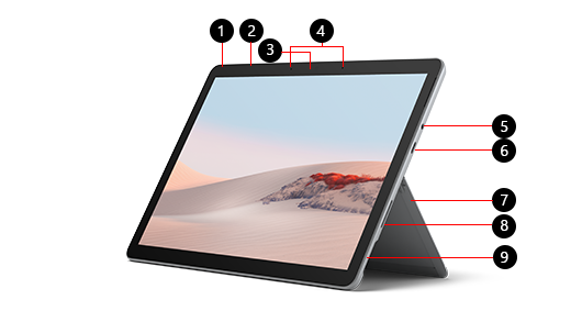 Surface Go 2 with numbers identifying each feature.