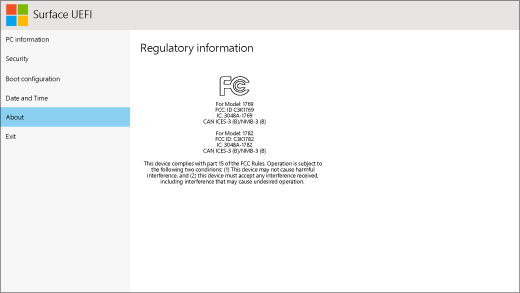 The about screen for Surface UEFI