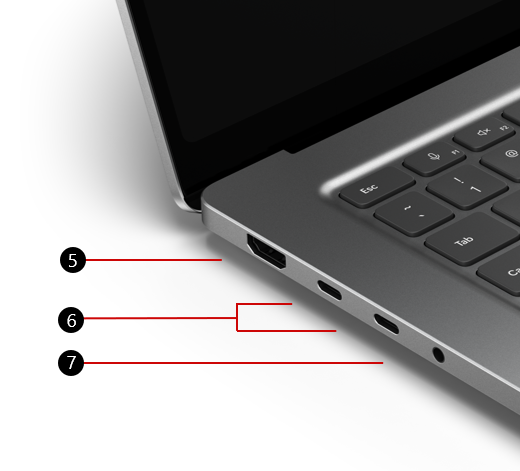 Photo of Surface Laptop Ultra. Callouts mark the HDMI port, two USB-C ports, and a 3.5mm audio port on the left side of the laptop base.