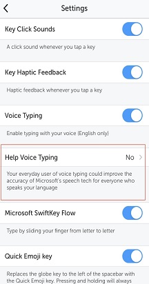 SwiftKey Settings with Help Voice Typing set to No