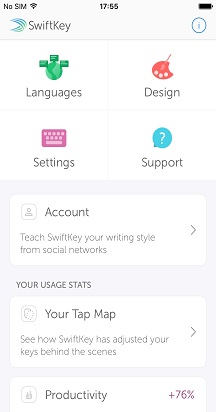 SwiftKey home screen with Languages, Design, Settings, and Support