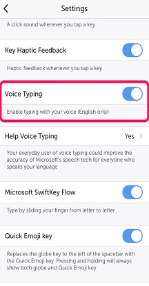 SwiftKey Settings with the Voice Typing toggle turned on